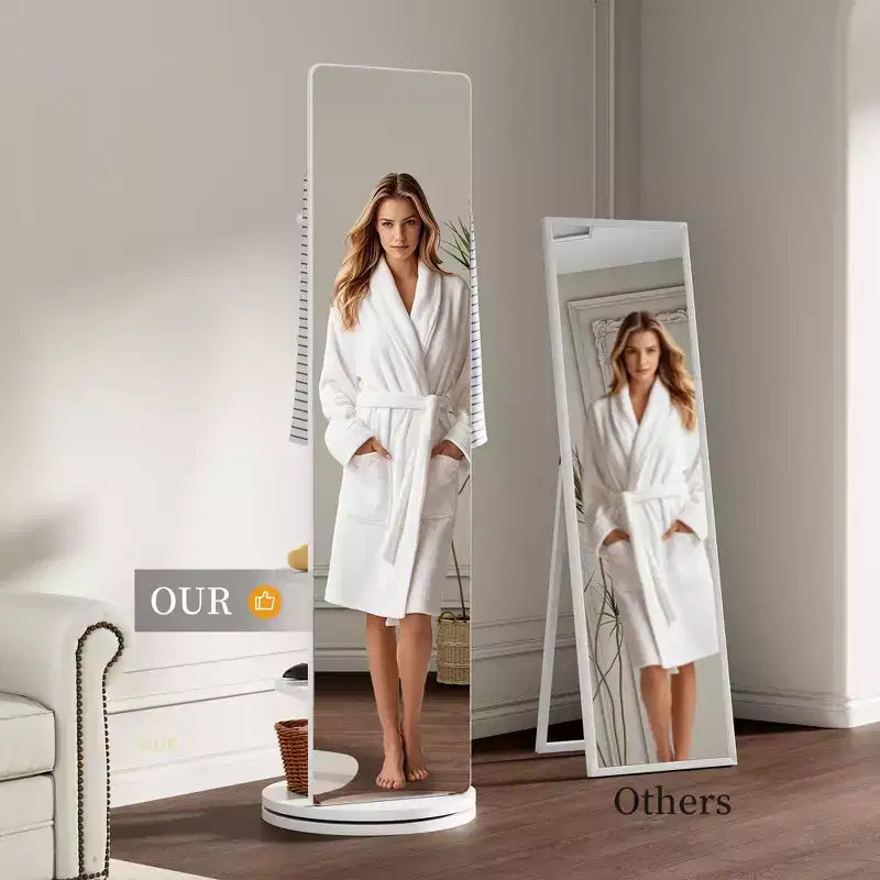 Miroir pleine longueur multifonctionnel 360 rotatif 66x14 avec patère et porte-manteau, miroir en bois massif pour chambre et salon