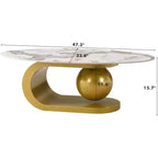 Table basse ovale de style Mid-Century ModernPlateau en pierre frittée à motif marbre, piètement en acier inoxydable doré, table d'appoint pour salon