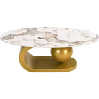 Table basse ovale de style Mid-Century ModernPlateau en pierre frittée à motif marbre, piètement en acier inoxydable doré, table d'appoint pour salon