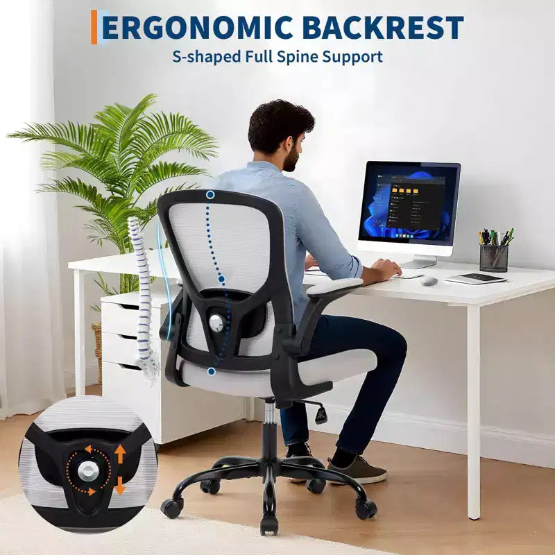 Fauteuil de bureau ergonomique haut de gamme en maille grise - Hauteur réglable, accoudoirs relevables et support lombaire - Siège pivotant confortable pour la maison, le jeu et le travail