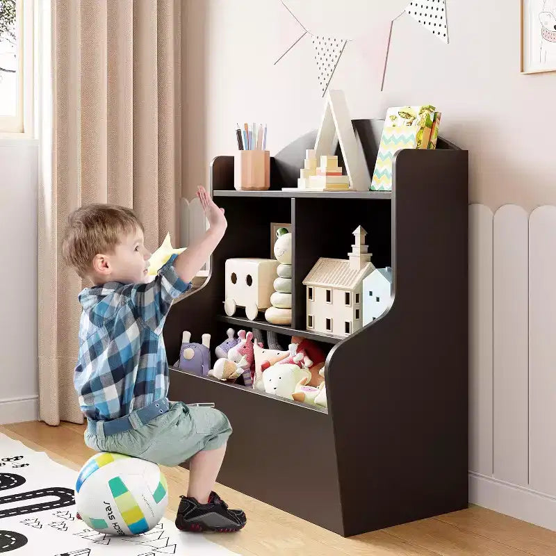 Meuble de rangement pour jouets et étagère à livres à 3 niveaux avec casiers, organisateur multi-étagères pour salle de jeux, chambre d'enfant, couloir, maternelle, marron foncé