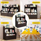 Meuble de rangement pour jouets et étagère à livres à 3 niveaux avec casiers, organisateur multi-étagères pour salle de jeux, chambre d'enfant, couloir, maternelle, marron foncé