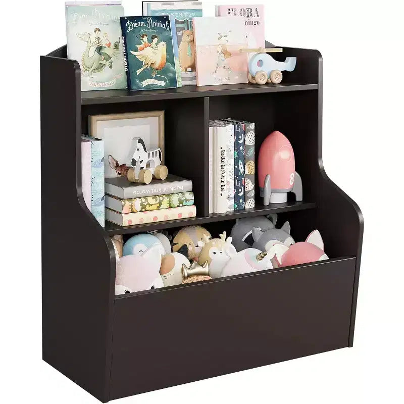 Meuble de rangement pour jouets et étagère à livres à 3 niveaux avec casiers, organisateur multi-étagères pour salle de jeux, chambre d'enfant, couloir, maternelle, marron foncé