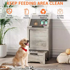 Station d'alimentation pour chien avec 2 gamelles surélevées, meuble de rangement pour aliments pour animaux, meuble de rangement pour croquettes avec couvercle à charnière, grand organisateur de jouets pour animaux avec 3 crochets