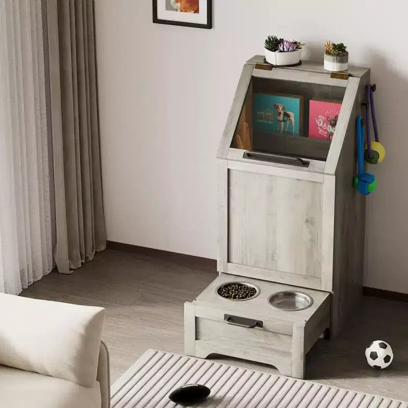 Station d'alimentation pour chien avec 2 gamelles surélevées, meuble de rangement pour aliments pour animaux, meuble de rangement pour croquettes avec couvercle à charnière, grand organisateur de jouets pour animaux avec 3 crochets