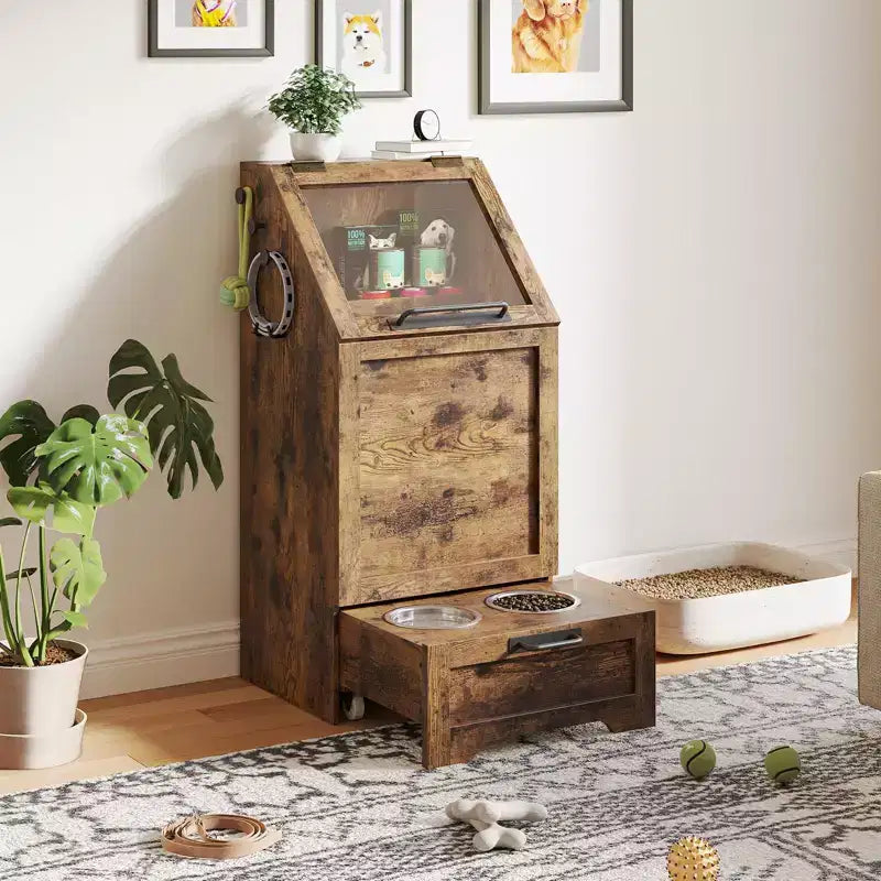 Station d'alimentation pour chien avec 2 gamelles surélevées, meuble de rangement pour aliments pour animaux, meuble de rangement pour croquettes avec couvercle à charnière, grand organisateur de jouets pour animaux avec 3 crochets