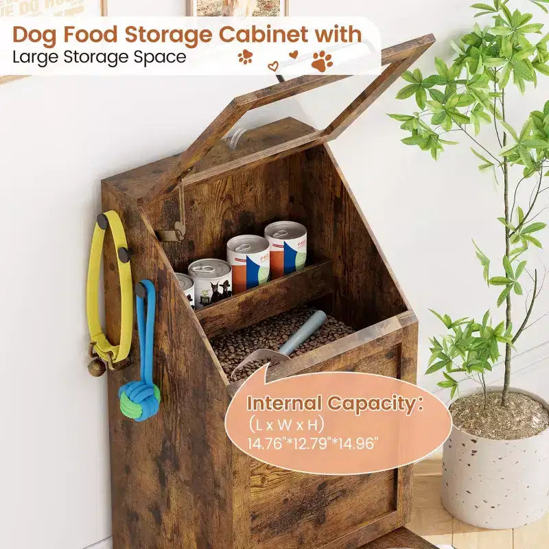 Station d'alimentation pour chien avec 2 gamelles surélevées, meuble de rangement pour aliments pour animaux, meuble de rangement pour croquettes avec couvercle à charnière, grand organisateur de jouets pour animaux avec 3 crochets