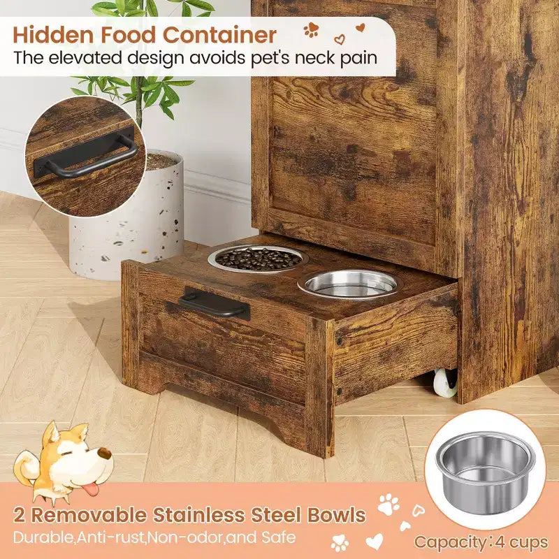 Station d'alimentation pour chien avec 2 gamelles surélevées, meuble de rangement pour aliments pour animaux, meuble de rangement pour croquettes avec couvercle à charnière, grand organisateur de jouets pour animaux avec 3 crochets