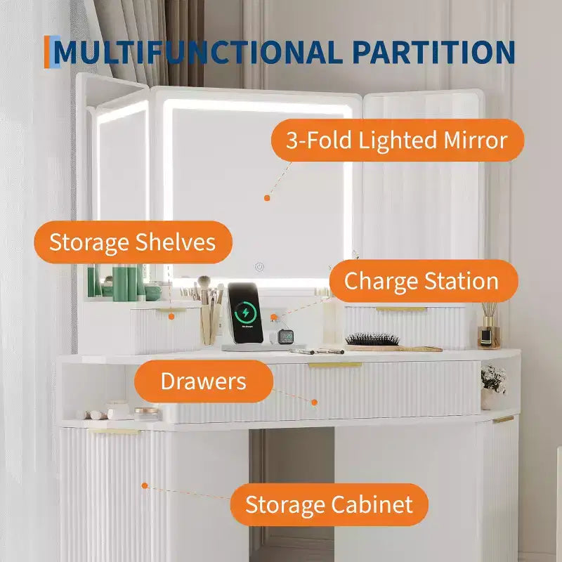 COZONY 53 Coiffeuse d'angle avec miroir et lumières, Table de maquillage cannelée avec tiroirs, Armoires de rangement et Station de recharge pour chambre à coucher