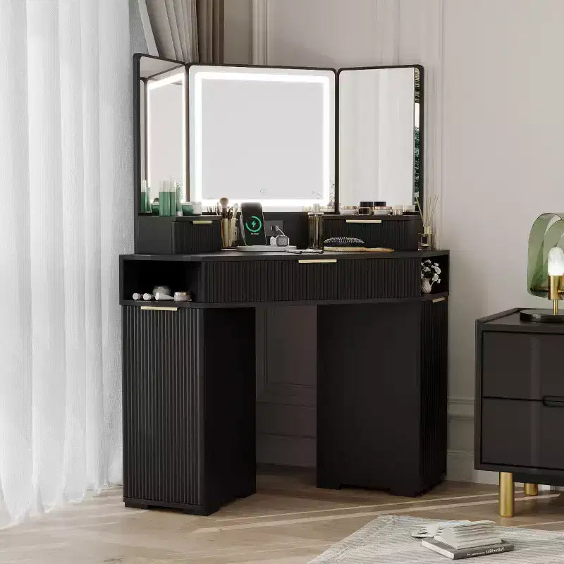 COZONY 53 Coiffeuse d'angle avec miroir et lumières, Table de maquillage cannelée avec tiroirs, Armoires de rangement et Station de recharge pour chambre à coucher