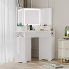 COZONY 53 Coiffeuse d'angle avec miroir et lumières, Table de maquillage cannelée avec tiroirs, Armoires de rangement et Station de recharge pour chambre à coucher