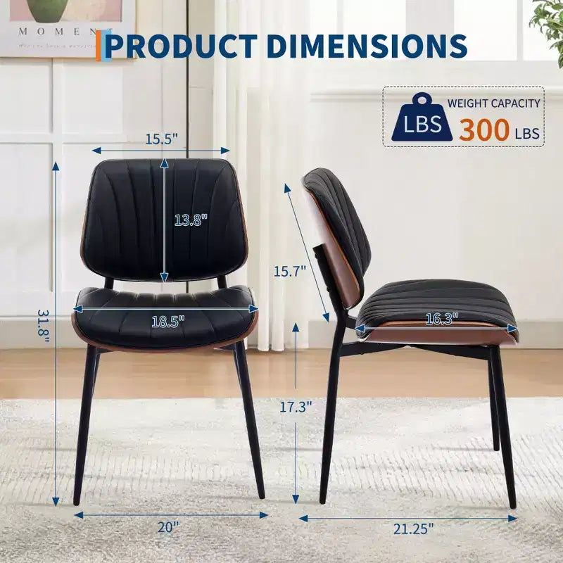 Chaises de salle à manger lot de 2 - Chaises de cuisine modernes du milieu du siècle en cuir PU rembourré de style rétro avec dossier en bois courbé de noyer, bandes de coque noires