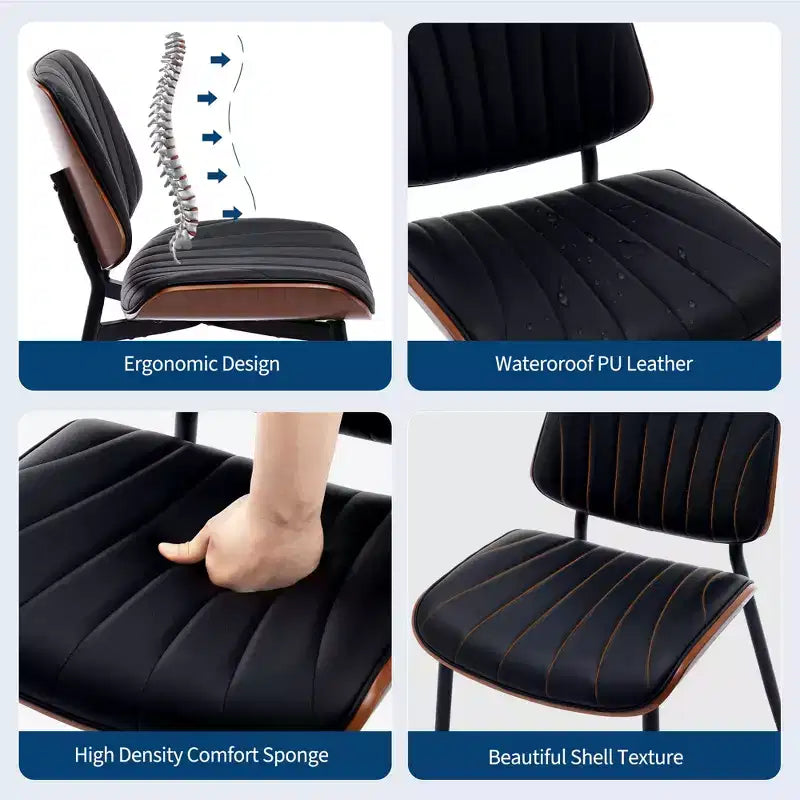 Chaises de salle à manger lot de 2 - Chaises de cuisine modernes du milieu du siècle en cuir PU rembourré de style rétro avec dossier en bois courbé de noyer, bandes de coque noires