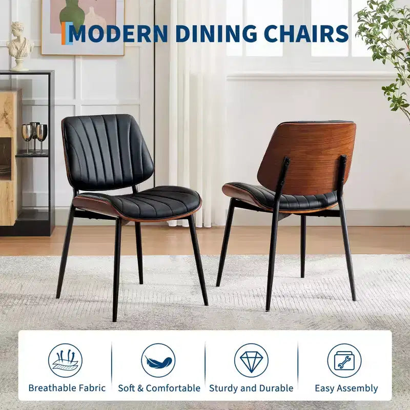 Chaises de salle à manger lot de 2 - Chaises de cuisine modernes du milieu du siècle en cuir PU rembourré de style rétro avec dossier en bois courbé de noyer, bandes de coque noires