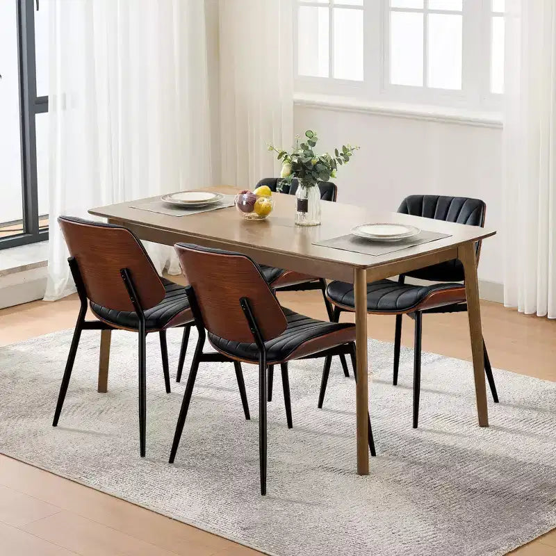 Chaises de salle à manger lot de 2 - Chaises de cuisine modernes du milieu du siècle en cuir PU rembourré de style rétro avec dossier en bois courbé de noyer, bandes de coque noires