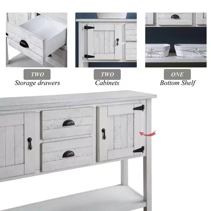 TUYOHW 48 Console en bois de pin massif, meuble d'appoint avec 2 tiroirs, 2 armoires, étagère inférieure, buffet pour cuisine, salle à manger