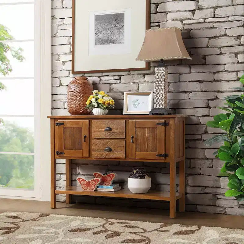 TUYOHW 48 Console en bois de pin massif, meuble d'appoint avec 2 tiroirs, 2 armoires, étagère inférieure, buffet pour cuisine, salle à manger