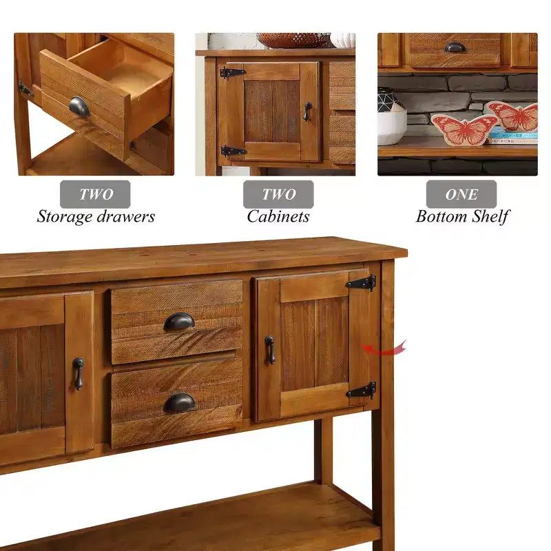 TUYOHW 48 Console en bois de pin massif, meuble d'appoint avec 2 tiroirs, 2 armoires, étagère inférieure, buffet pour cuisine, salle à manger