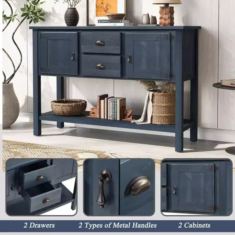 TUYOHW 48 Console en bois de pin massif, meuble d'appoint avec 2 tiroirs, 2 armoires, étagère inférieure, buffet pour cuisine, salle à manger