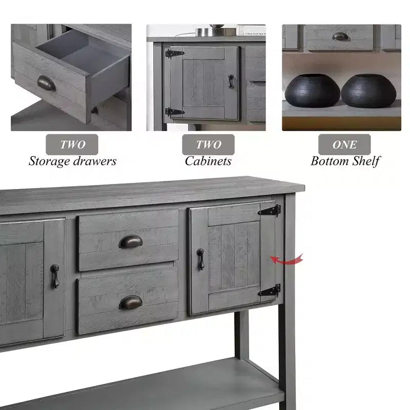 TUYOHW 48 Console en bois de pin massif, meuble d'appoint avec 2 tiroirs, 2 armoires, étagère inférieure, buffet pour cuisine, salle à manger