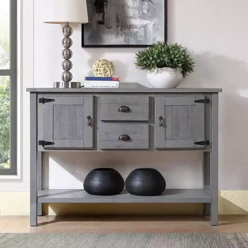 TUYOHW 48 Console en bois de pin massif, meuble d'appoint avec 2 tiroirs, 2 armoires, étagère inférieure, buffet pour cuisine, salle à manger
