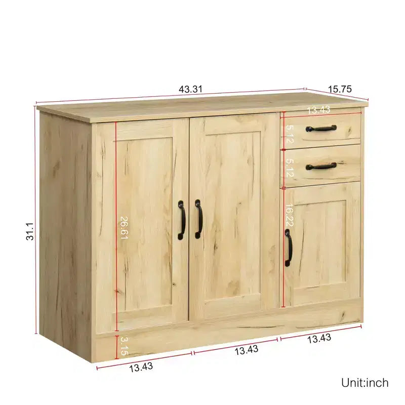 TUYOHW 43.3 Buffet moderne en bois, armoire de rangement avec 2 portes, 2 tiroirs, étagère amovible, meuble de service finition chêne pour salle à manger, salon