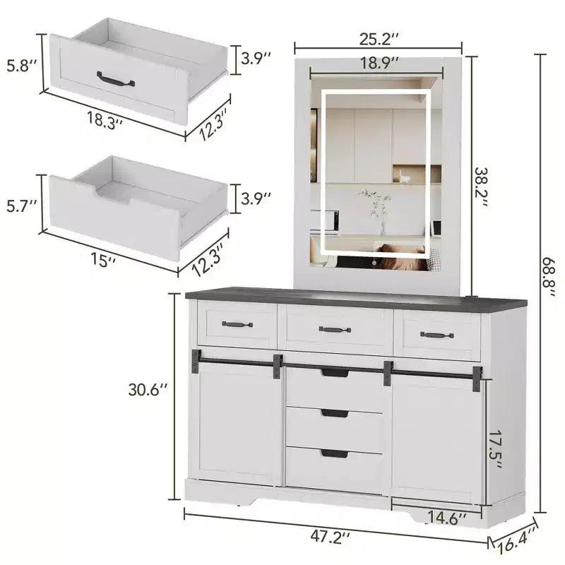 Commode de ferme COZONY 47,2 po, commode à 6 tiroirs avec portes coulissantes de grange, blanc