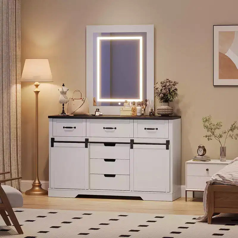 Commode de ferme COZONY 47,2 po, commode à 6 tiroirs avec portes coulissantes de grange, blanc