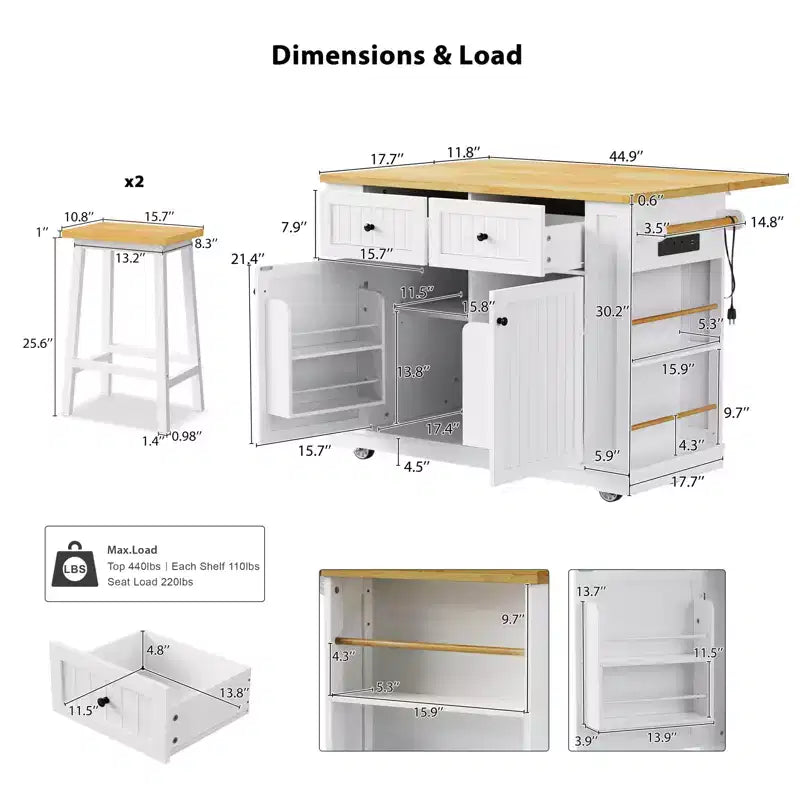 Îlot de cuisine avec rangement, dessertes de cuisine roulantes avec abattant, prise de courant, étagères, tiroirs et roulettes verrouillables, blanc.