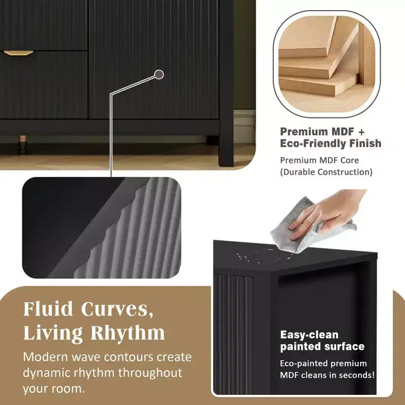TUYOHW Buffet design ondulé, console de rangement avec 3 tiroirs, portes à fermeture douce, 3 étagères réglables, poignées en métal, armoire pour salon