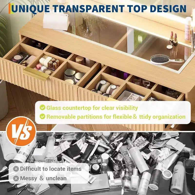 Coiffeuse 48 po en chêne avec miroir 36 po, 5 tiroirs, 3 étagères, éclairage réglable 3 couleurs, ensemble table de maquillage pour chambre à coucher