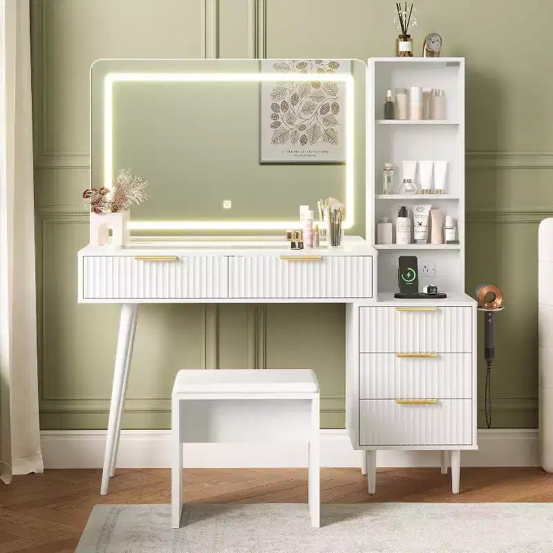 Coiffeuse 48 po en chêne avec miroir 36 po, 5 tiroirs, 3 étagères, éclairage réglable 3 couleurs, ensemble table de maquillage pour chambre à coucher