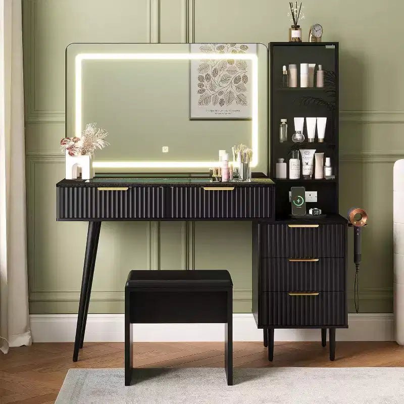 Coiffeuse 48 po en chêne avec miroir 36 po, 5 tiroirs, 3 étagères, éclairage réglable 3 couleurs, ensemble table de maquillage pour chambre à coucher