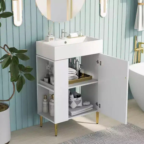 21.6 White Ceramic + MDF Bathroom Vanity with Single Sink & Side Storage | Bathroom Storage Cabinet