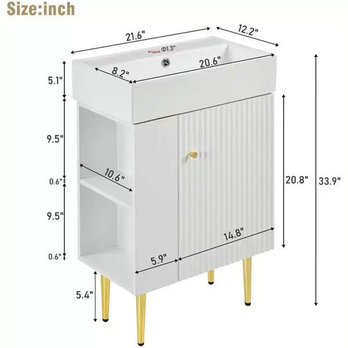 Meuble-lavabo de salle de bain en céramique blanche et MDF de 21,6 po avec lavabo simple et rangement latéral | Armoire de rangement de salle de bain
