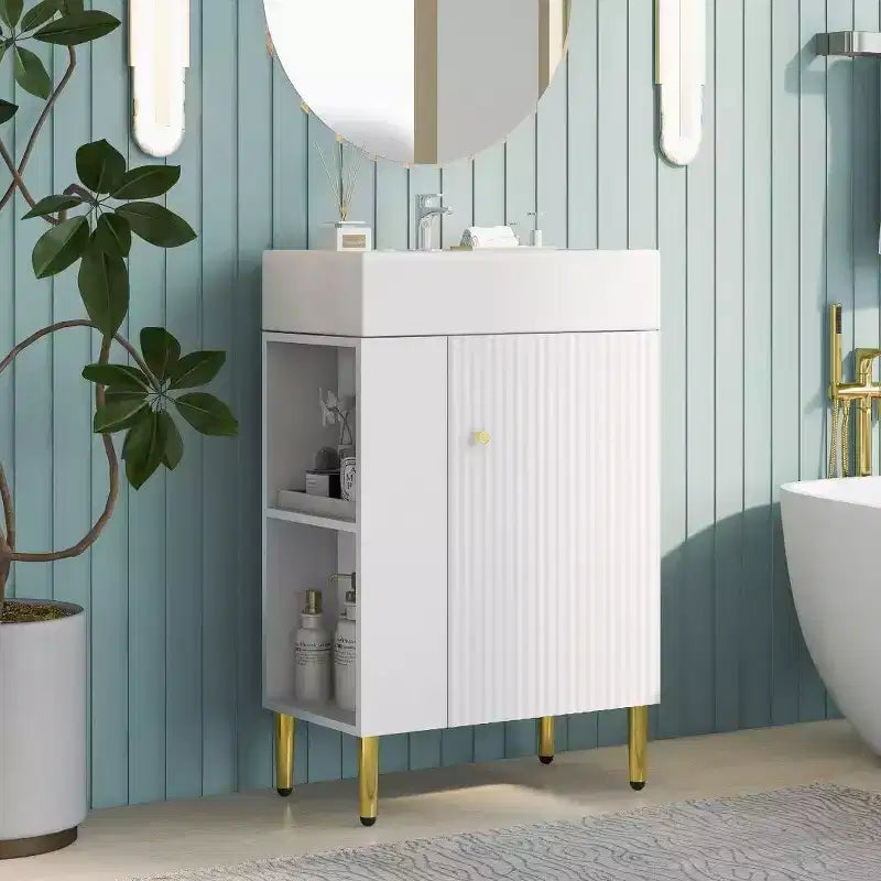 Meuble-lavabo de salle de bain en céramique blanche et MDF de 21,6 po avec lavabo simple et rangement latéral | Armoire de rangement de salle de bain