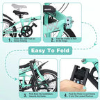 Vélo pliant 20 pouces pour adultes avec panier, support de téléphone et garde-boue, cadre en acier 6 vitesses, vélo de ville, double frein en V, vélo compact portable