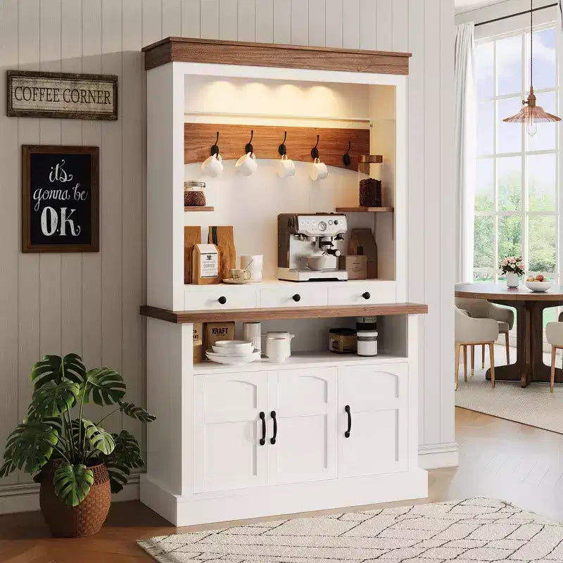 Meuble bar à café avec lumières LED, vaisselier de bar à café de style rustique haut avec rangement, buffet avec support pour micro-ondes