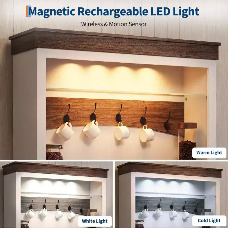 Meuble bar à café avec lumières LED, vaisselier de bar à café de style rustique haut avec rangement, buffet avec support pour micro-ondes