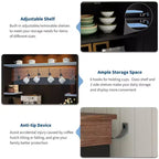 Meuble bar à café avec lumières LED, vaisselier de bar à café de style rustique haut avec rangement, buffet avec support pour micro-ondes