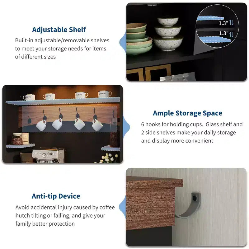 Meuble bar à café avec lumières LED, vaisselier de bar à café de style rustique haut avec rangement, buffet avec support pour micro-ondes