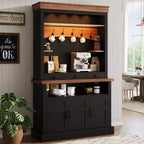 Meuble bar à café avec lumières LED, vaisselier de bar à café de style rustique haut avec rangement, buffet avec support pour micro-ondes