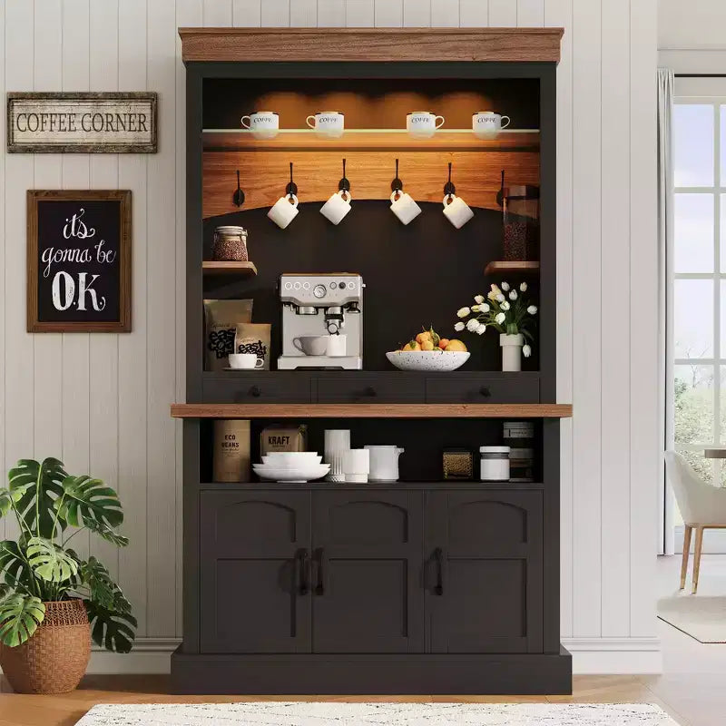 Meuble bar à café avec lumières LED, vaisselier de bar à café de style rustique haut avec rangement, buffet avec support pour micro-ondes