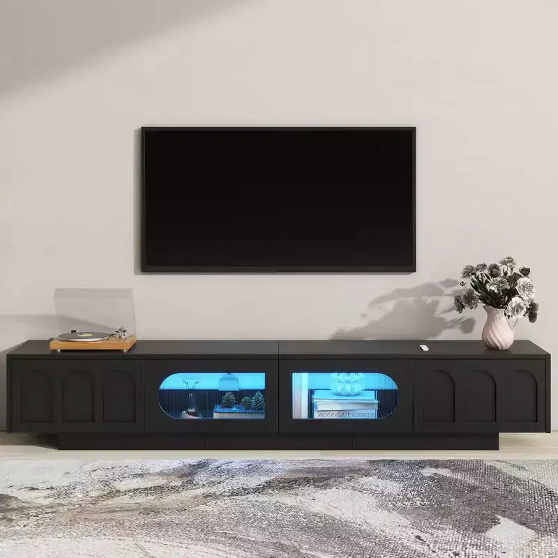 Meuble TV JVNOXK en verre trempé avec rainures, adapté aux téléviseurs jusqu'à 95 pouces, console média fonctionnelle, adapté aux salons, Noir