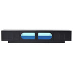 Meuble TV JVNOXK en verre trempé avec rainures, adapté aux téléviseurs jusqu'à 95 pouces, console média fonctionnelle, adapté aux salons, Noir