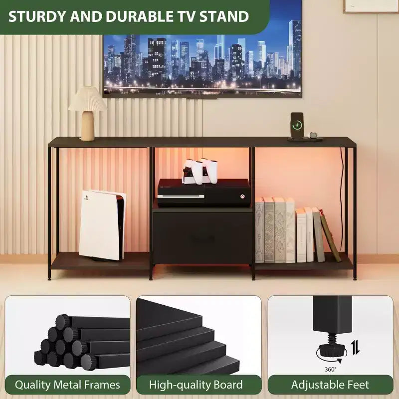 Meuble TV COZONY en métal et tissu, meuble de divertissement moderne avec étagères ouvertes et tiroir