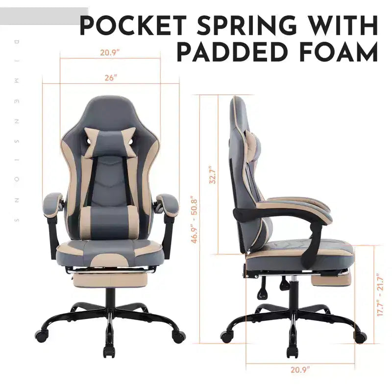 Chaise de jeu MAYEERTY, chaise d'ordinateur ergonomique avec repose-pieds et soutien lombaire massant, chaise de jeu vidéo pivotante réglable en hauteur Bleu Beige