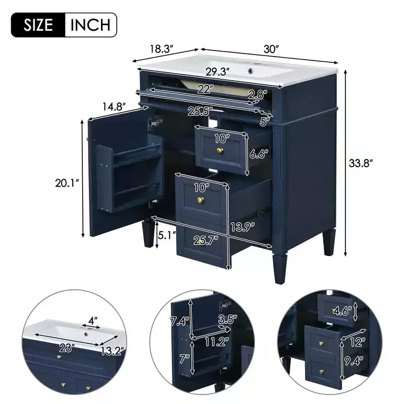 Meuble-lavabo de salle de bain de 76 cm avec lavabo, meuble de rangement de salle de bain avec tiroirs et miroir, armoire de toilette avec miroir