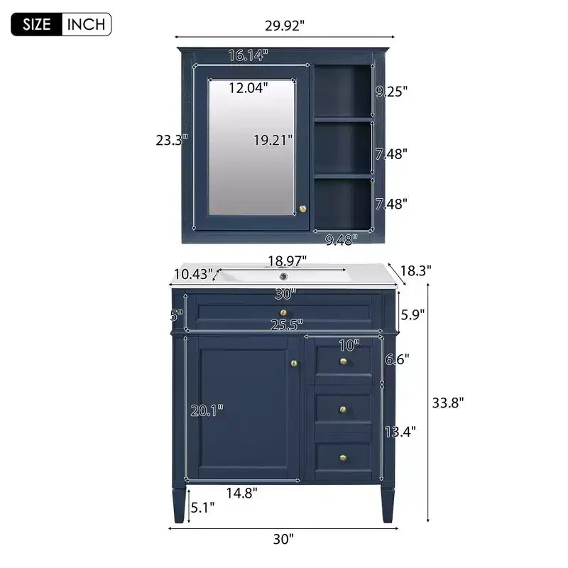 Meuble-lavabo de salle de bain de 76 cm avec lavabo, meuble de rangement de salle de bain avec tiroirs et miroir, armoire de toilette avec miroir