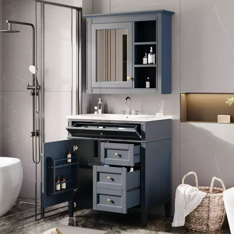 Meuble-lavabo de salle de bain de 76 cm avec lavabo, meuble de rangement de salle de bain avec tiroirs et miroir, armoire de toilette avec miroir